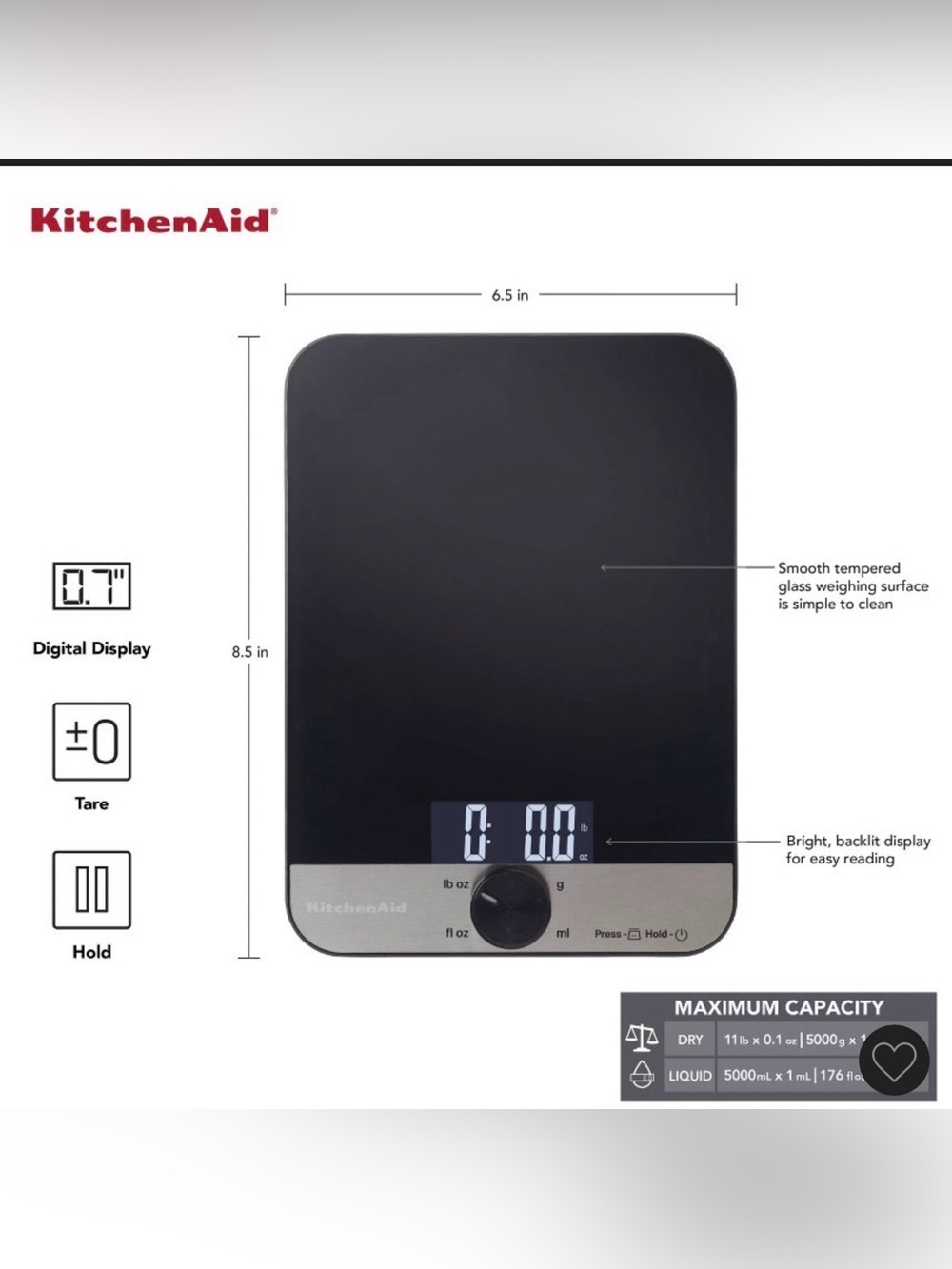 KitchenAid -  11lb Glass Surface Kitchen Scale Black
